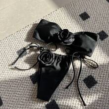Nuevo bikini de color sólido rosa sin tirantes con cordón ajustable bikini9150 - Negro - Ver 12