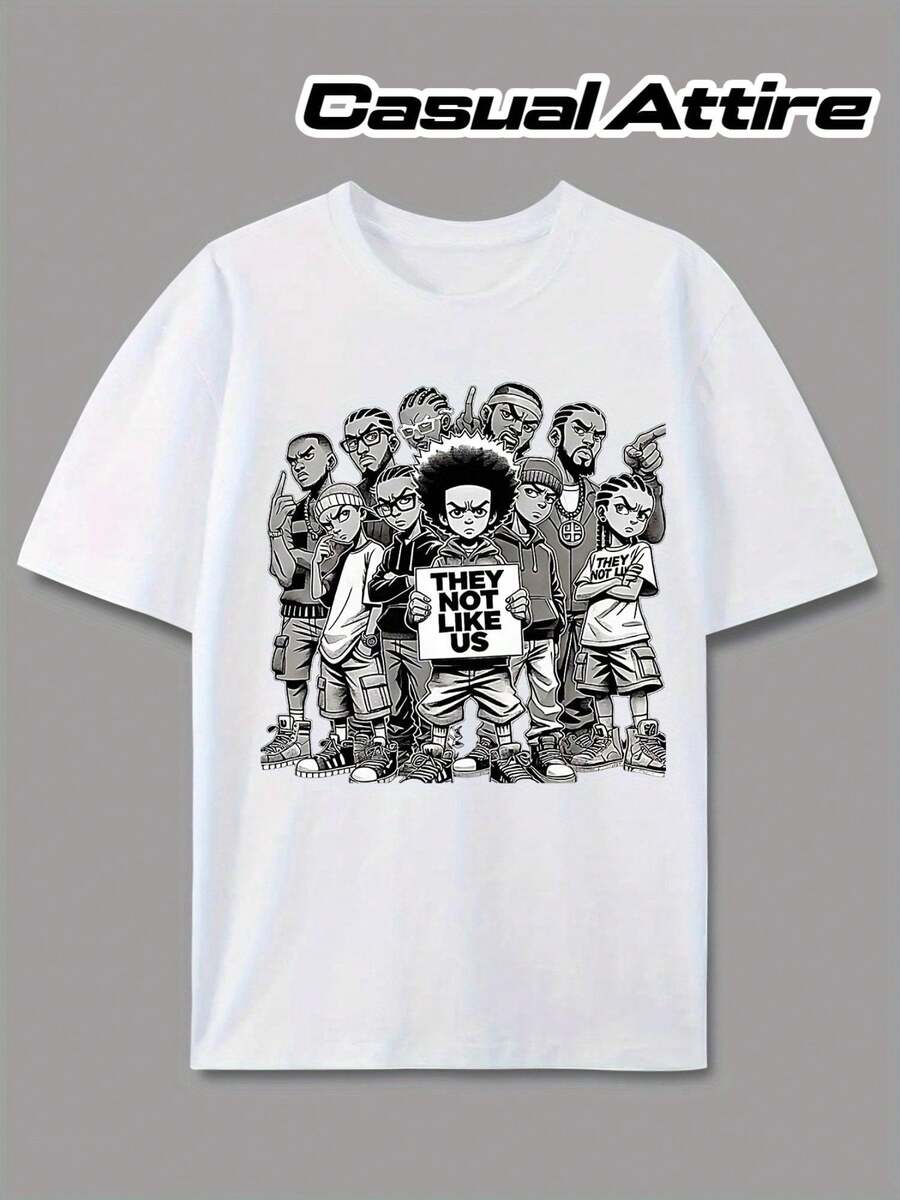 Camiseta Casual Estampada de Talla Grande para Hombre - Fuente negra llamativa combinada con elegantes personajes de dibujos animados, diseño de estilo urbano hip-hop, adecuada para uso casual y diario, un regalo ideal para los amantes de las  y los entusiastas de la moda urbana. - Blanco - Ver 1