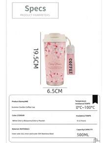 1个500毫升粉/白樱花图案保温咖啡杯，优雅花卉风格SUS304不锈钢高筒圆柱形二合一饮用盖防漏便携旅行杯，带腕带，适用于冰咖啡、茶、日常通勤、办公、送礼及所有季节 - 彩色 - 查看 2
