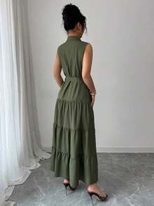 Women's Single-Breasted Sleeveless Shirt Dress With Ruffled Hem In Solid Color - Army Green - View 2