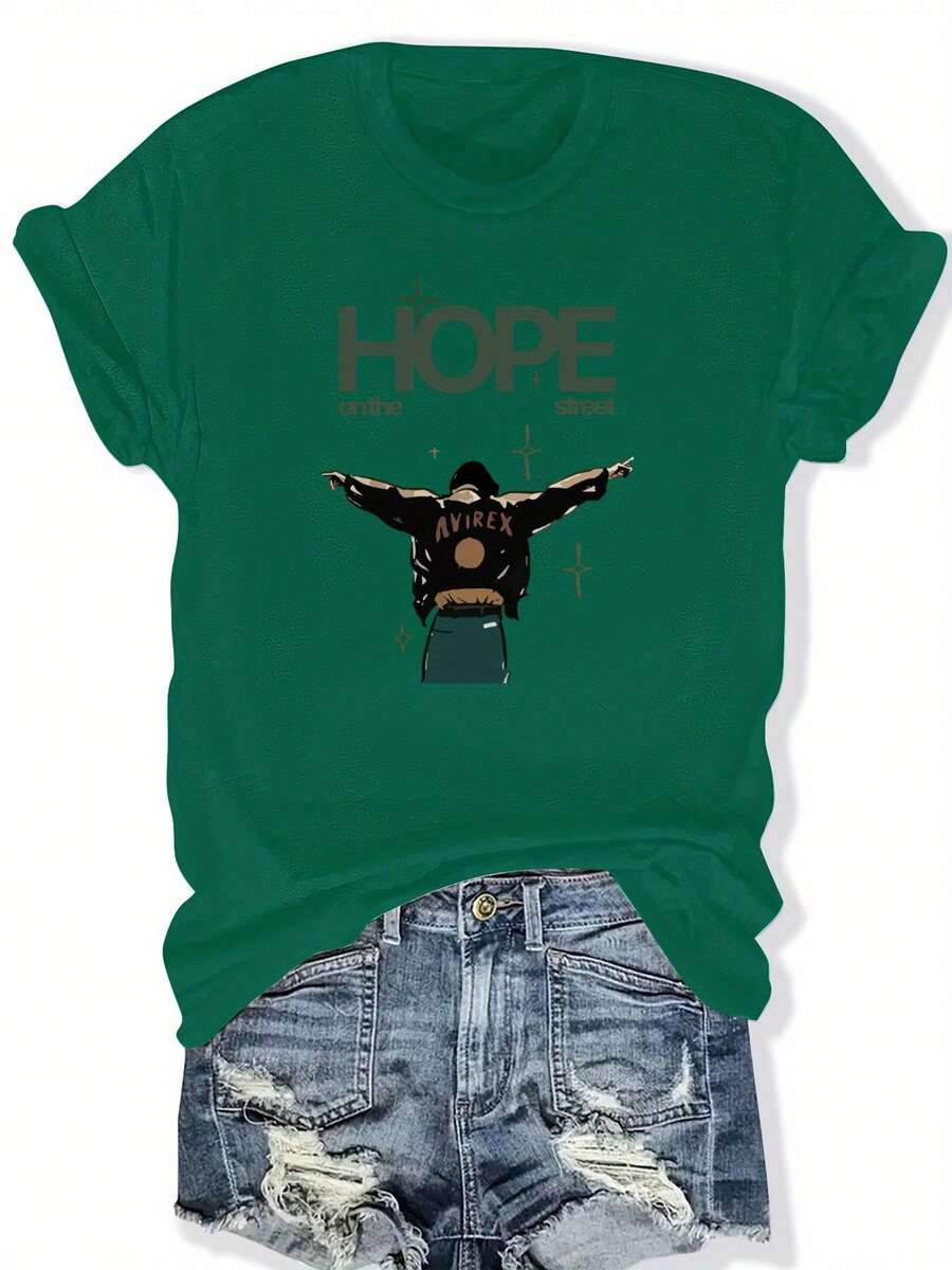Women's Plus Size "Hope On The Street" Graphic T-Shirt - Casual Crew Neck, Short Sleeve, Lightweight, Summer And Spring Fashion, Relaxed Fit, Everyday Wear T-Shirt | Loose Fit T-Shirt | Lightweight Fabric - 墨綠色 - 查看 1