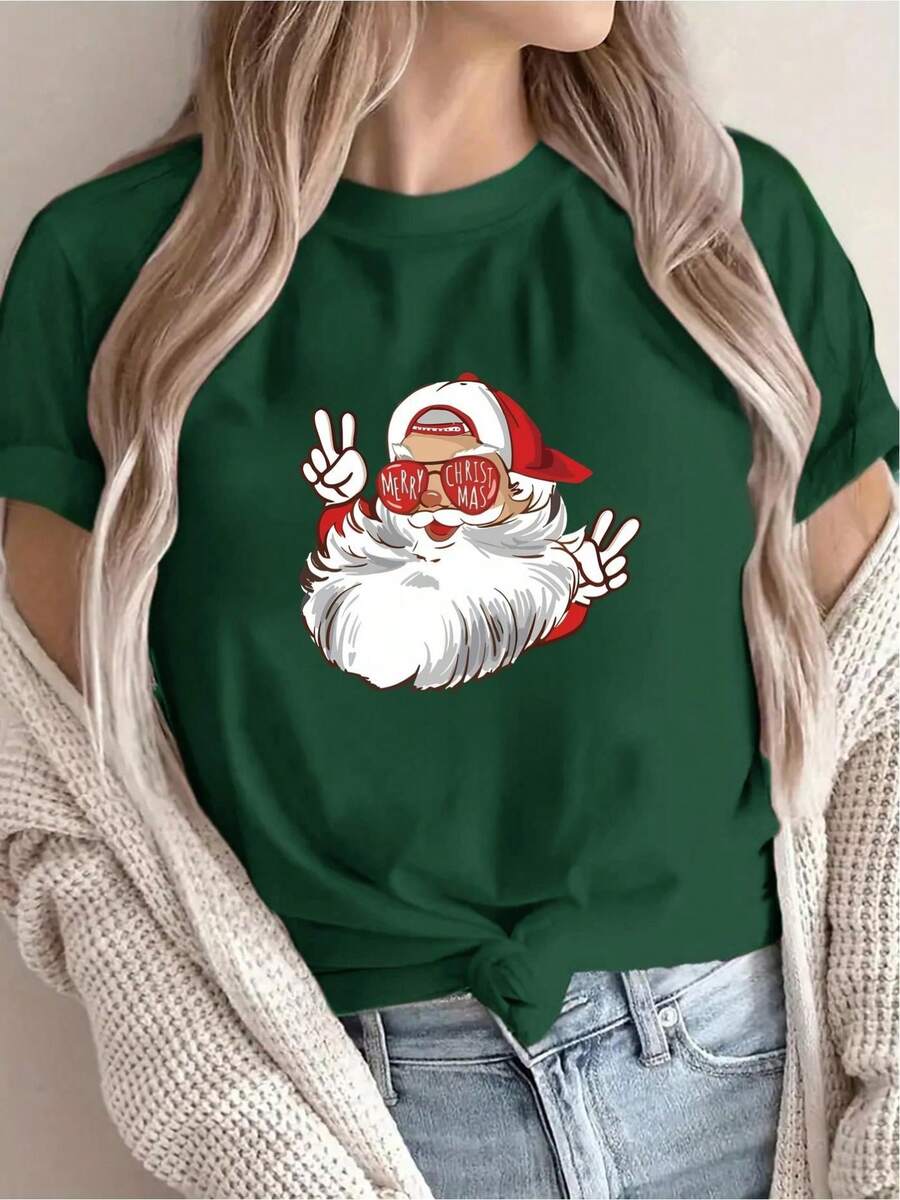New Arrival: Christmas Themed Santa Claus Print T-Shirt, Perfect For Women's Casual Wear, Holidays, Short Sleeves, Round Neck, Suitable For Spring And Summer, Machine Washable, Fashionable Women's Clothing, Versatile For Outings, Flattering And - 深綠色 - 查看 1