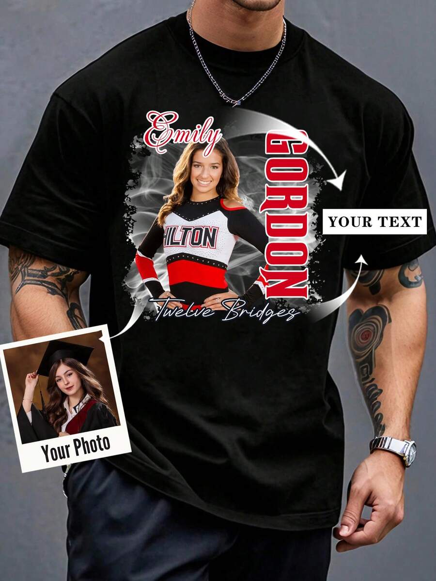 Custom Plus Size Men's Loose Crew Neck Casual T-Shirt - Add Your Own Images And Text - Customize Athlete Photos, But Also A Thoughtful Gift To Summer - Black - View 1