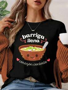 Camiseta de Mujer MYAZUL T 1 pieza. Camiseta suave para mujer con un divertido diseño de un tazón de sopa con forma de corazón, un regalo adorable para los amantes de la comida, ideal para ocasiones como el Día de San Valentín y el Día de la Madre. Ropa Casual Cómoda para Salir, Blusas para Mujer - Negro - Ver 7