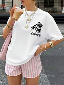 Versatile Summer Casual Sports T-Shirt For Women, Featuring A Sunset Palm Tree Print And A Retro West California Style, Suitable For Everyday Wear At Home, Outings, Or As A Gift. - 白色 - 查看 2