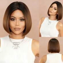 12 Inch Ombre Brown Short Bob Wig, Heat Resistant Synthetic Fiber, Middle Part Design, Fashionable Hair Color, Natural And Smooth Styling, Suitable For All Women, Cosplay, Theme Parties, Carnival - Multicolor - View 2