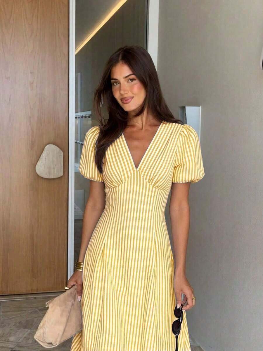 Vestido midi de mujer con mangas de pétalos a rayas - Amarillo - Ver 1