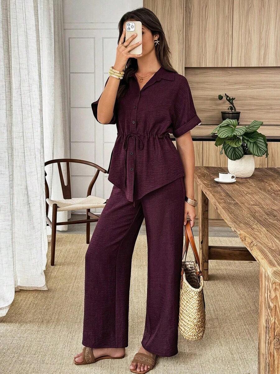 Conjunto de 2 piezas de camisa y pantalones de unicolor con cordón en la cintura, estilo casual de verano - Burdeos - Ver 1