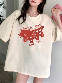 [Alta calidad]Nueva camiseta de mujer de primavera/verano 2026 con hombros caídos, estampado "Love Cat Love Is You", estilo adorable y confierno, cómoda y agradable para la piel, perfecta para amantes del estilo lindo en escenas de citas informales, ideal para el Día de San Valentín en verano. - Albaricoque - Ver 8