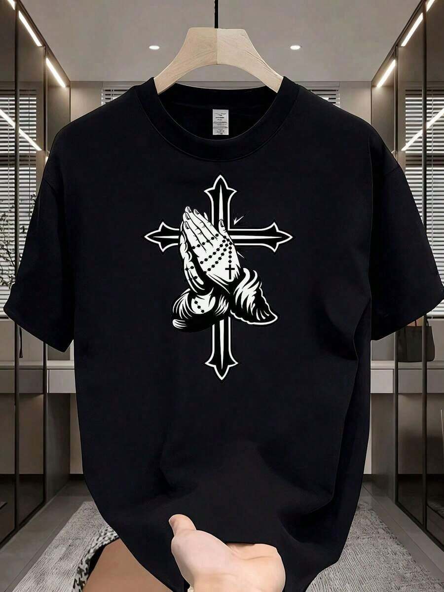 NewSummerCasual Men's Graphic T-Shirts, Casual T-Shirt With Praying Hands And Cross Pattern, Urban Style, Fashionable Men's Casual Clothing, 100% Cotton For Adults - Vintage Street Style Unisex Loose Cotton Short Sleeve Crew Neck T-Shirt - 黑色 - 查看 1