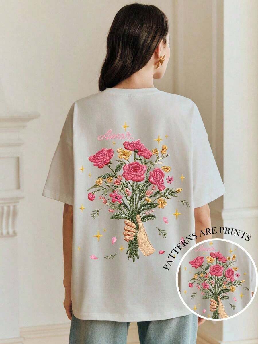 Camiseta casual de manga corta con cuello redondo, estampado floral elegante y patrón del Día de San Valentín para mujer de - Blanco - Ver 1