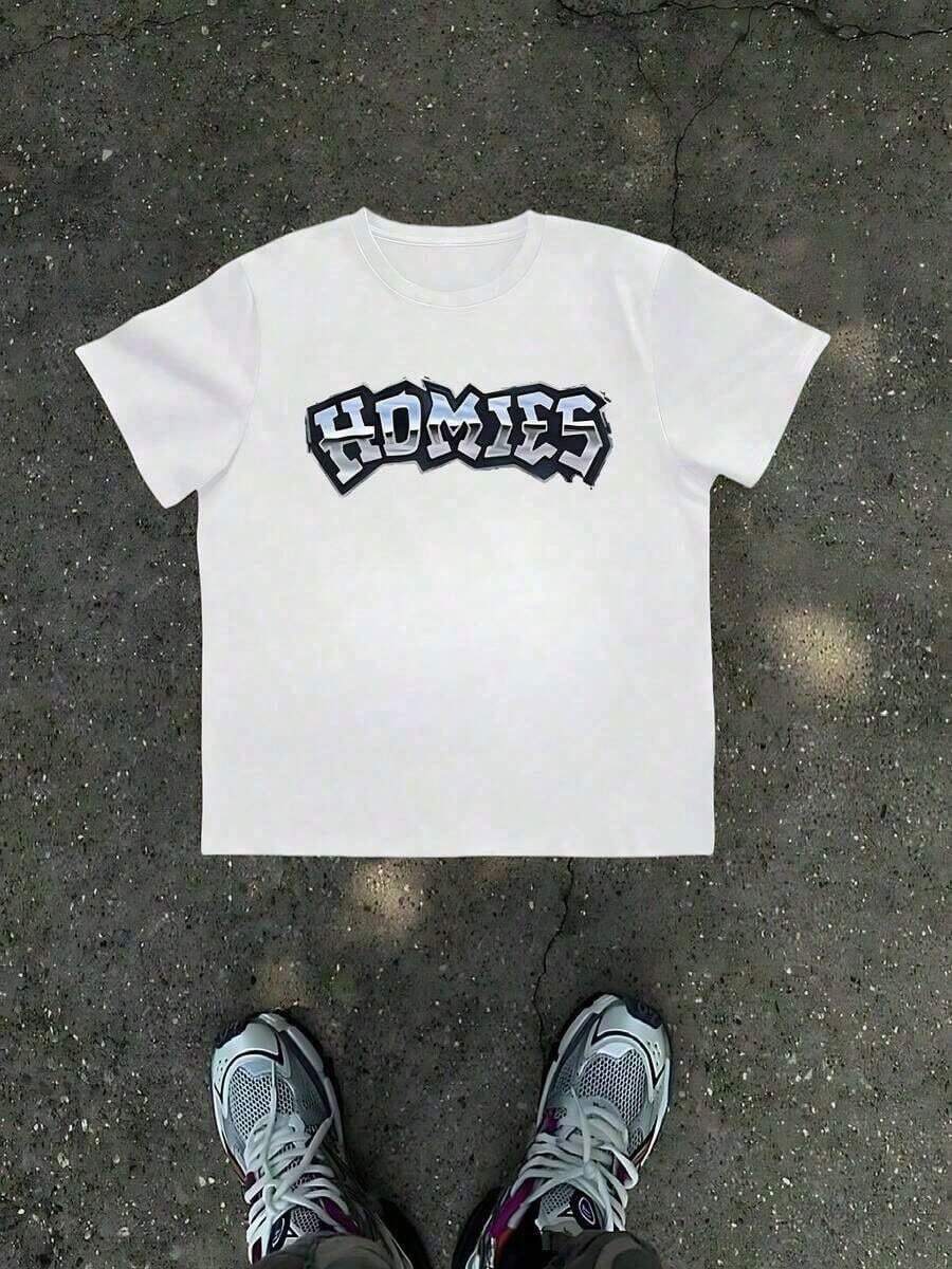 1 Pcs Cotton Graphic Tees 1Pcs Homies Graphic Print Men's T Shirt Casual Streetwear 100% Cotton TShirt Men's Summer Simple Tee Gift For Men, Gangster Style Urban Top, Fashionable Hip Hop Short Sleeve Crew Neck Black Tee Graphic Shirts Outfit - trắng - Xem 1