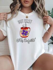ModaModaCamiseta de Mujer Casual de Corte Holgado Opciones en Blanco y Negro Pero Primero Mi Cafecito Estampado de Taza de Café Camiseta Gráfica Camisetas de Uso Diario Tops de Verano Camisetas Gráficas Conjuntos de Verano Camisetas Cortas de Mujer Tops de Mujer Ropa Vintage de Algodón Linda Ropa de Mujer LindaEstampadaEstampada - Blanco - Ver 6