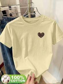 Edición Limitada: Camiseta de Manga Corta con Cuello Redondo y Estampado de Corazones con Diseño de Leopardo, Moderna y Transpirable, para Salidas Diarias, Viajes al Campus, Picnics y Otras Ocasiones 15381 Algodón Ligero - Verde - Ver 5