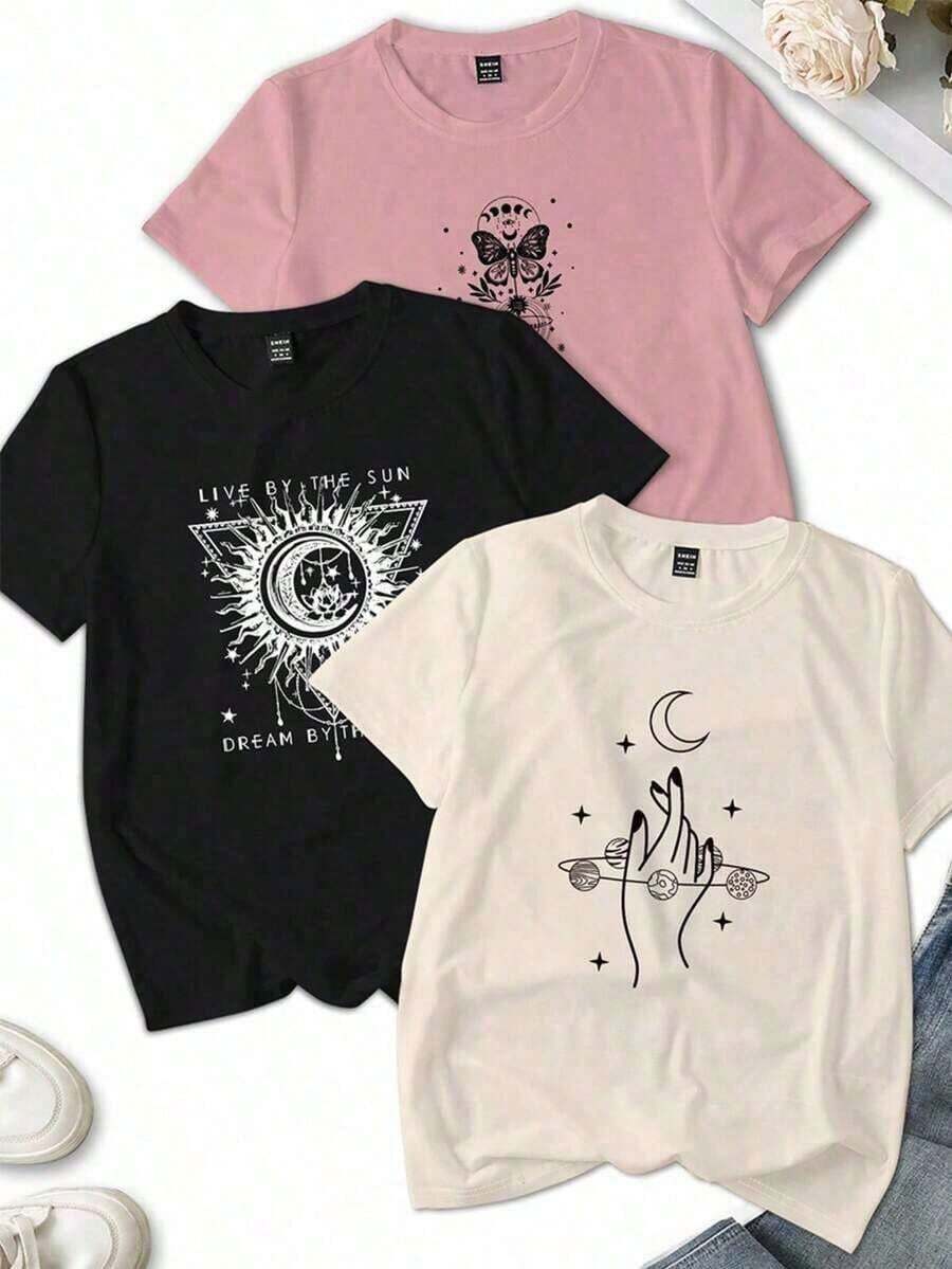 Set de 1 playeras estampadas de mujer con corazones y estilo romántico moderno - Negro - Ver 1