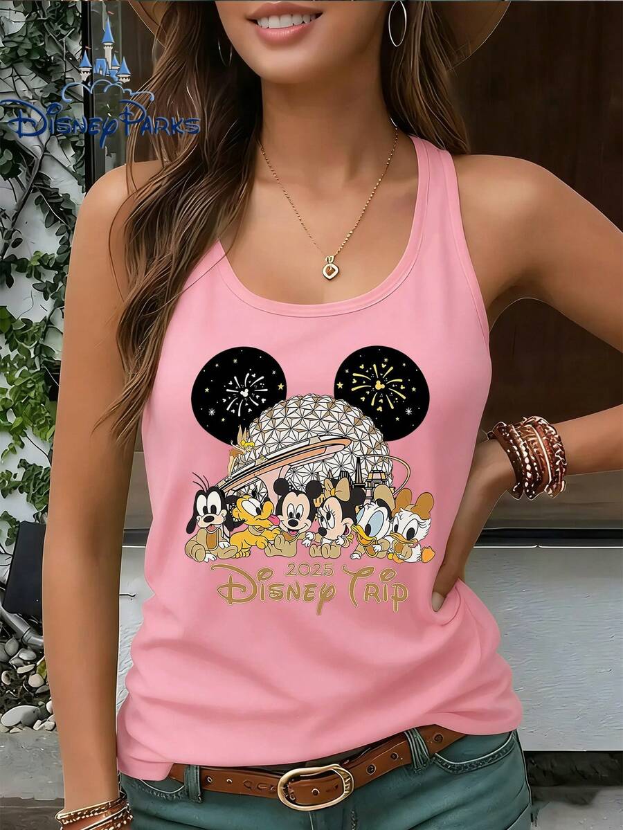 Disney 2026 New Authorized Mickey Minnie Donald Daisy Firework Castle Pattern Printed Round Neck Sleeveless Vest T-Shirt Casual Comfortable Fashion Versatile Casual Comfortable Sleeveless Vest Women'S Summer Casual Fashion Vest Suitable For Spring Summer A - Hồng - Xem 1