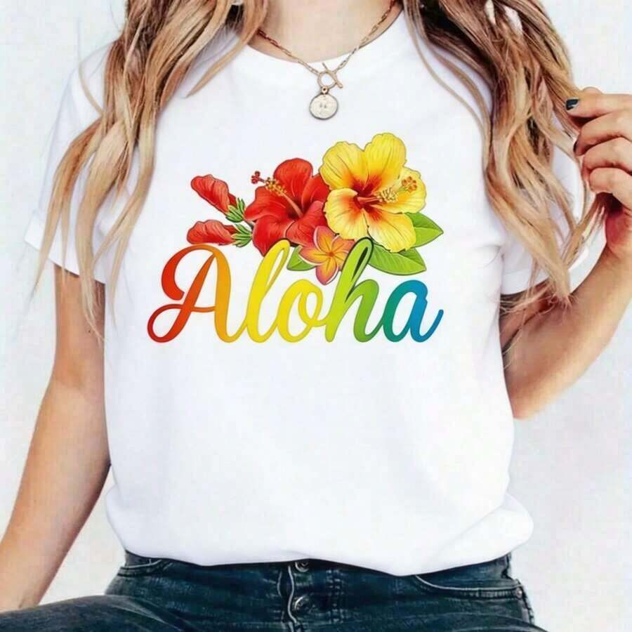1 Pieza de Moda Casual para Hombres y Mujeres! ¡Nuevo! Camiseta de manga corta de verano para mujer, ideal para vacaciones hawaianas informales de Aloha. Versátil, fácil de combinar, adecuada para uso diario, estilo urbano, conjuntos de vacaciones, conjuntos de fin de semana. - Blanco - Ver 1