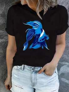 Camiseta de verano para mujer, de manga corta y estampada, moderna y casual, lavable a máquina, ajuste cómodo, estampado plano 2D. - Negro_09 - Ver 12