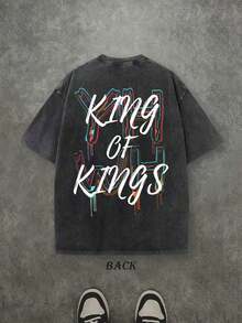 Camiseta Retro Lavada con Estampado a Doble Cara (Camiseta de 230 g de Algodón Puro) con Estampado de Letras y Corona 'YHWH REY DE REYES', Camiseta para Hombre, Casual, Cómoda, a la Moda, Estilo Urbano de Algodón - Negro - Ver 2