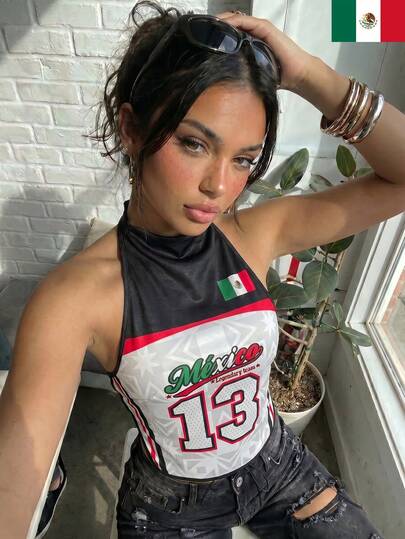 Camiseta de tirantes ajustada con cuello alto de malla de estilo mexicano, espalda descubierta y lazo trasero, para mujer, ideal para el verano y salidas, conjunto de ropa de vacaciones de verano para mujeres