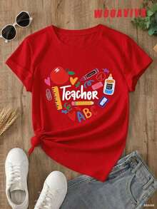 Ropa Curvy en Oferta y WOOAVIVA Camiseta de Mujer de Talla Grande, Suave, 100% Algodón, a la Moda para Verano, Estilo Y2K Cleanfit, Casual, Ajustada, Colorida, Diseño Maestro ABC, Regalo Perfecto para Maestros, Profesores Escolares, Regreso a Clases, Agradecimiento a Maestros, Casual, Perfecta para Todas las Temporadas, Camisetas para Mujer Y2K - Rojo - Ver 4