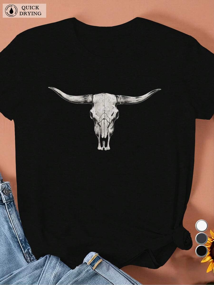 Camiseta de manga corta para mujer con ilustración minimalista de calavera de cuernos largos - Negro - Ver 1