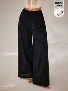 Pantalones anchos de cintura alta con textura, de moda casual y sencilla, para la temporada de vuelta al colegio, para ir y venir - Negro 3 - Ver 4