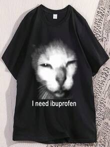 Camiseta femenina "Necesito ibuprofeno" con estampado de gato, camiseta informal de manga corta de algodón puro con un divertido estampado retro de gato, camiseta unisex con un divertido estampado de gato. - Negro - Ver 1
