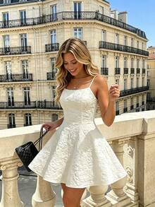 Spring/Summer White Elegant & Fashionable Date Mini Dress, Textured Woven Fabric, Backless Tie Design, Adjustable Waist, Butterfly Tie Closure - Apricot - View 5