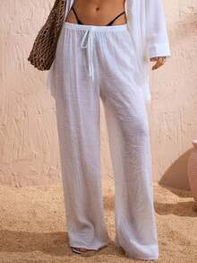Pantalones anchos de verano para mujer con cintura anudada y unicolor - Blanco - Ver 8