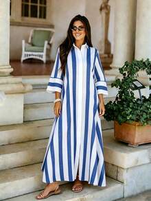 Spring/Summer Women's Long Dress, Featuring Wide Stripes And Color Block Design Elegant - Dark Wash - View 3