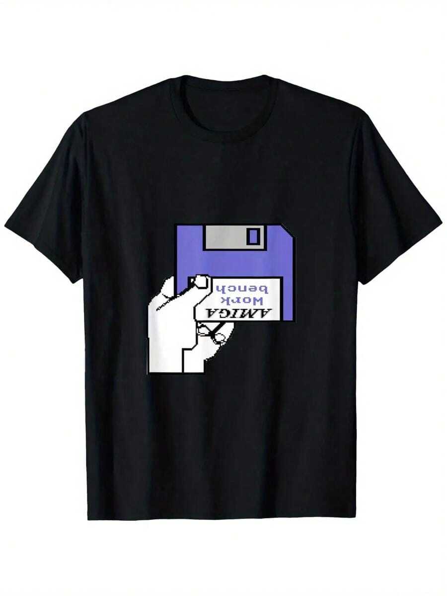 Camiseta retro de ordenador Amiga Workbench con inserción de disquete, unisex, de personalidad, casual, cuello redondo, manga corta para exteriores, ligeramente elástica, % algodón, S- - Negro - Ver 1
