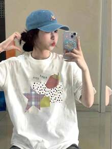 Camiseta de manga corta con estampado de frutas, estilo casual, elección perfecta para el verano, moda femenina cómoda - suave y transpirable, adecuada para el uso diario informal. conjuntos casuales para mujer camisetas para mujer blusas casuales mujer playeras de hombre top blanco playeras oversize de mujer y2k blusas manga larga mujer camisa de mujer camisa blusa casual mujer blusa elegante mujer ofertas - Blanco - Ver 6