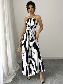 Vestido elegante de mujer con cuello halter, corte en la cintura, twist y bloque de color asimétrico, para primavera/verano - Blanco y Negro - Ver 4