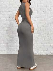 1 pieza Vestido de punto ajustado sin mangas color rojo rosa para mujer - Gris - Ver 2