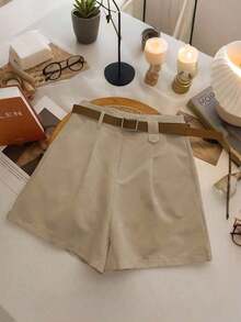Pantalones cortos versátiles y casuales para mujer, pantalones cortos blancos de pierna ancha para ropa universitaria - Marrón Mocha - Ver 3
