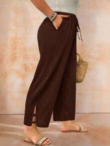 Pantalones de talla grande en color liso y con textura casual - Marrón - Ver 1