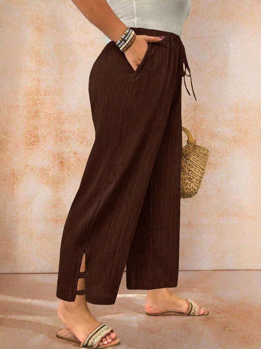 Pantalones de talla grande en color liso y con textura casual - Marrón - Ver 1