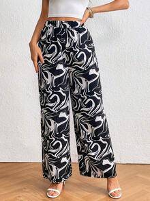 Pantalones de pierna ancha con estampado de mármol - Blanco y Negro - Ver 3