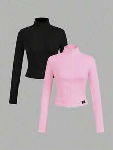 2 piezas Conjunto versátil de ropa deportiva de punto blanca y negra para yoga y fitness, camiseta de manga larga con cremallera y bordado gráfico de letras, elegante para otoño/invierno - Multicolor 12 - Ver 11