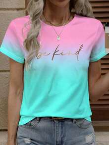 Camiseta casual de mujer de manga corta de verano con estampado de letras y degradado de color - Rojo - Ver 1