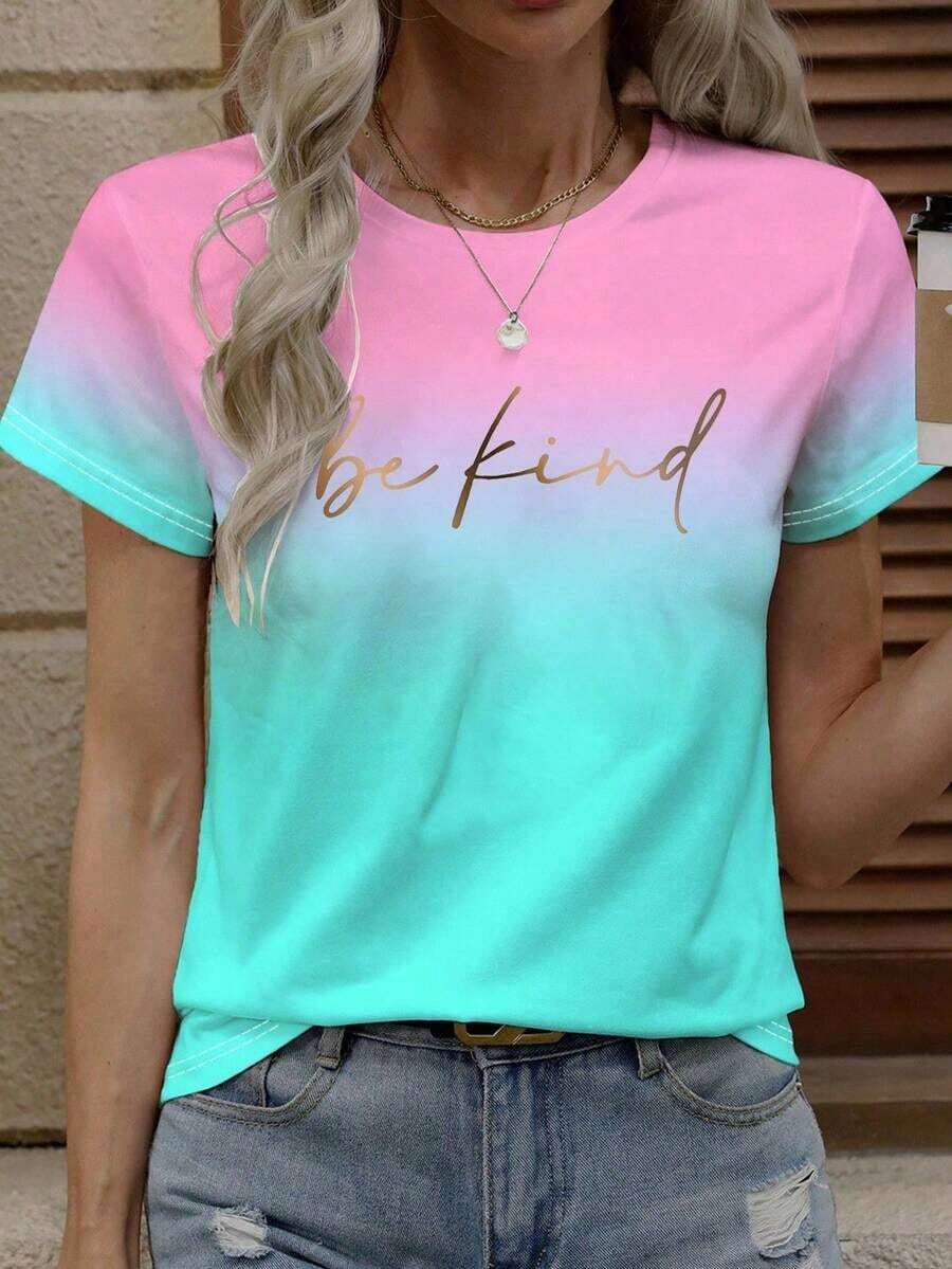 Camiseta casual de mujer de manga corta de verano con estampado de letras y degradado de color - Rojo - Ver 1
