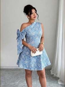 Vestido mini elegante de verano para mujer talla grande, vestido corto de fiesta con tela jacquard, cintura con lazo asimétrico, para boda, reunión, cita - Azul - Ver 5