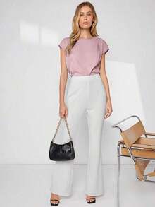 Blusa de mujer con mangas de murciélago asimétricas, de unicolor, estilo básico urbano de viaje, moda elegante y sencilla para negocios casuales, adecuada para maestras y uso en la oficina - Rosa vieja - Ver 5