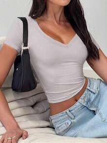 Camiseta ajustada de manga corta con cuello en V de unicolor para mujer, estilo Y2K sexy, adecuada para uso diario casual, blanco verano - Gris - Ver 9