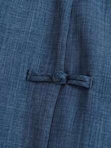 Pantalones cortos de mujer talla grande, casuales, para ir al trabajo o salir, con diseño de abertura redonda, cintura elástica y decoración de nudo chino con botones - Azul - Ver 5