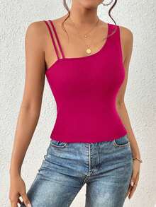 Top unicolor de cuello asimétrico tejido de canalé - Rosa Fucsia - Ver 5