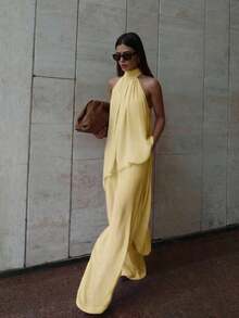 Conjunto de blusa y pantalones rectos holgados de mujer, elegante y casual para oficina, de gasa rosa con cuello de halter sin mangas y dobladillo asimétrico suelto, nuevo para primavera/verano - Amarillo - Ver 9