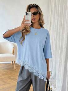 LUNE Camiseta casual de mujer con dobladillo asimétrico de encaje de unicolor, uso versátil diario, parte superior de ocio de primavera/verano, adecuada para vacaciones, verano, primavera, vacaciones de primavera y diversas ocasiones, incluyendo vestido de playa, camisa casual, ropa exterior y parte superior de verano. - Celeste - Ver 9