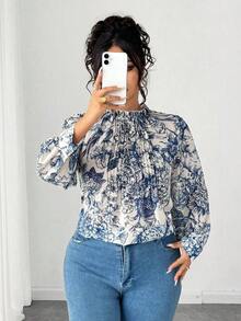 Blusa elegante de talla grande para mujer 2025 con encaje jacquard, parches y mangas con volantes, cintura ceñida y silueta evasé, adecuada para volver al colegio, graduación, vacaciones, San Valentín, festivales de música, Día de la Madre, Hallow - Azul - Ver 6